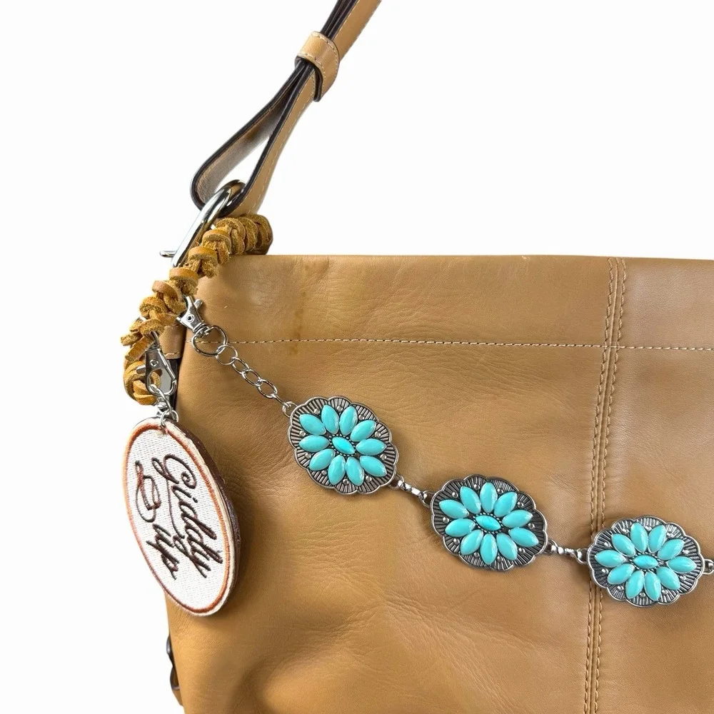 Coach Vintage Large Tan Brown Leather Classic Shoulder Satchel Purse Bag Charms